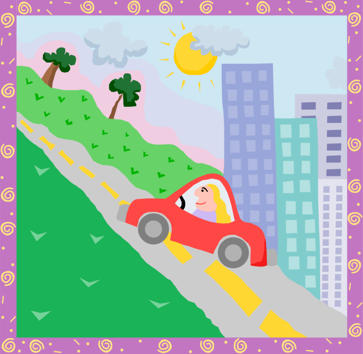 Vector Illustration of Automobile Car Motor Vehicle Driving on Road Uphill