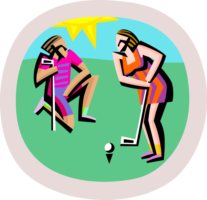 Vector Illustration of Couple Enjoy Round of Golf with Golfer Driving Ball from Tee