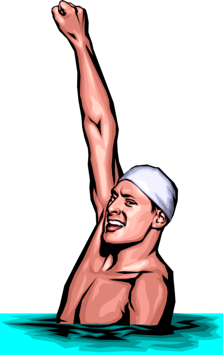 Vector Illustration of Swimmer in Pool Celebrates Winning the Swimming Race