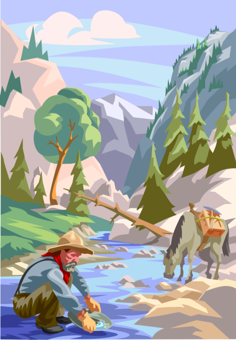 Vector Illustration of California Gold Rush Gold Prospector Miner 49'er Pans for Gold in Mountain Stream