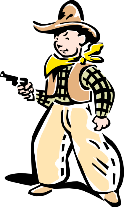 Vector Illustration of 1950's Vintage Style Kid Plays Cowboy with Chaps and Gun