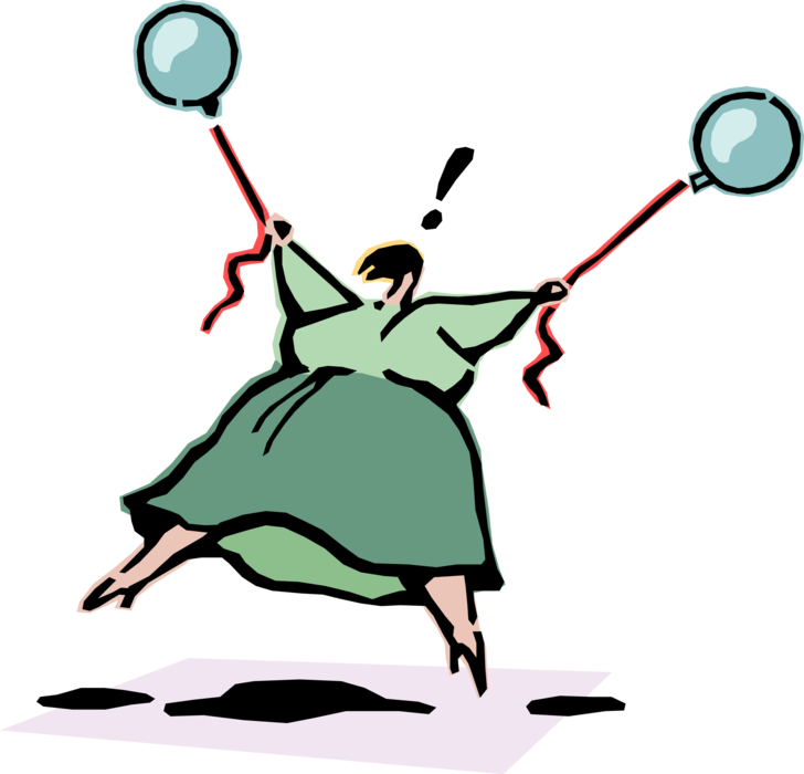 Vector Illustration of Businesswoman Holding Two Balloons Lifts Off the Ground