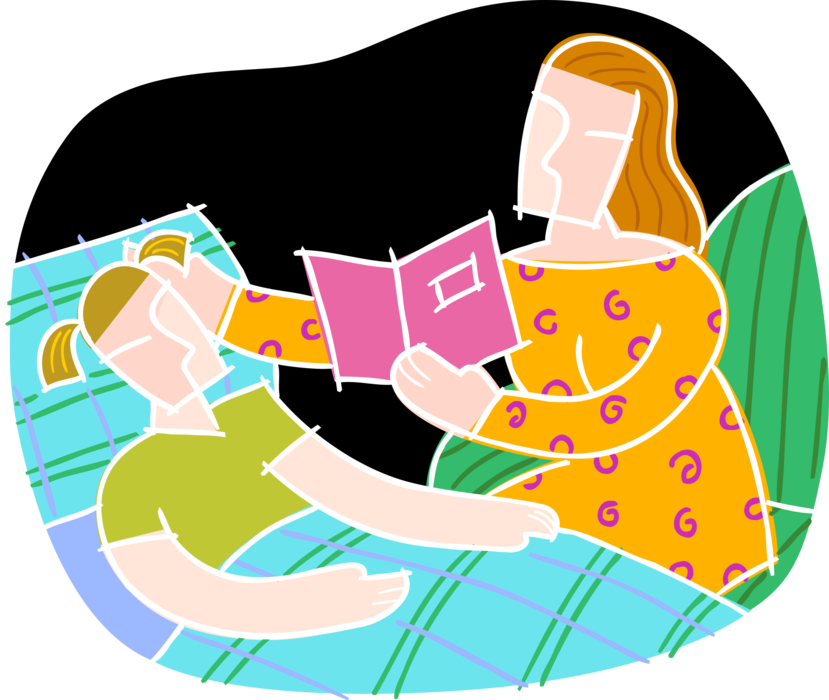 Vector Illustration of Mother Reading to Sick Child in Bed