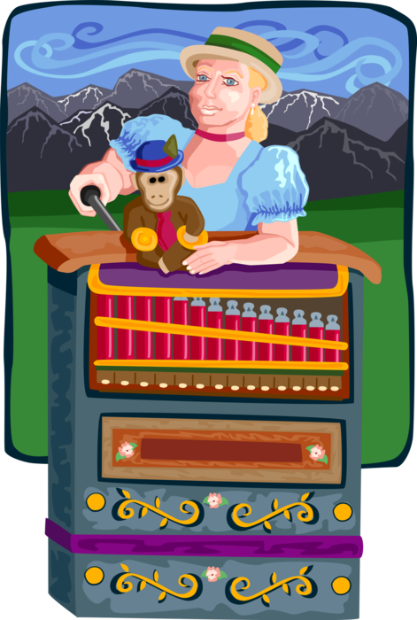Vector Illustration of Musical Novelty Street Performer Organ Grinder with Monkey
