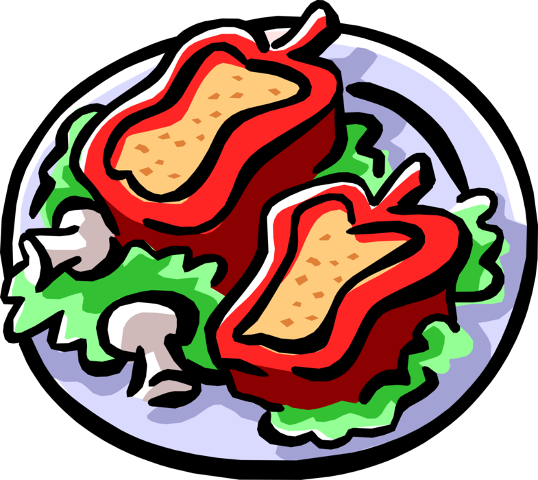 Vector Illustration of Stuffed Red Peppers Served on Plate with Mushrooms