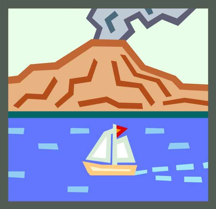 Vector Illustration of Erupting Volcano with Sailboat Sailing on Water