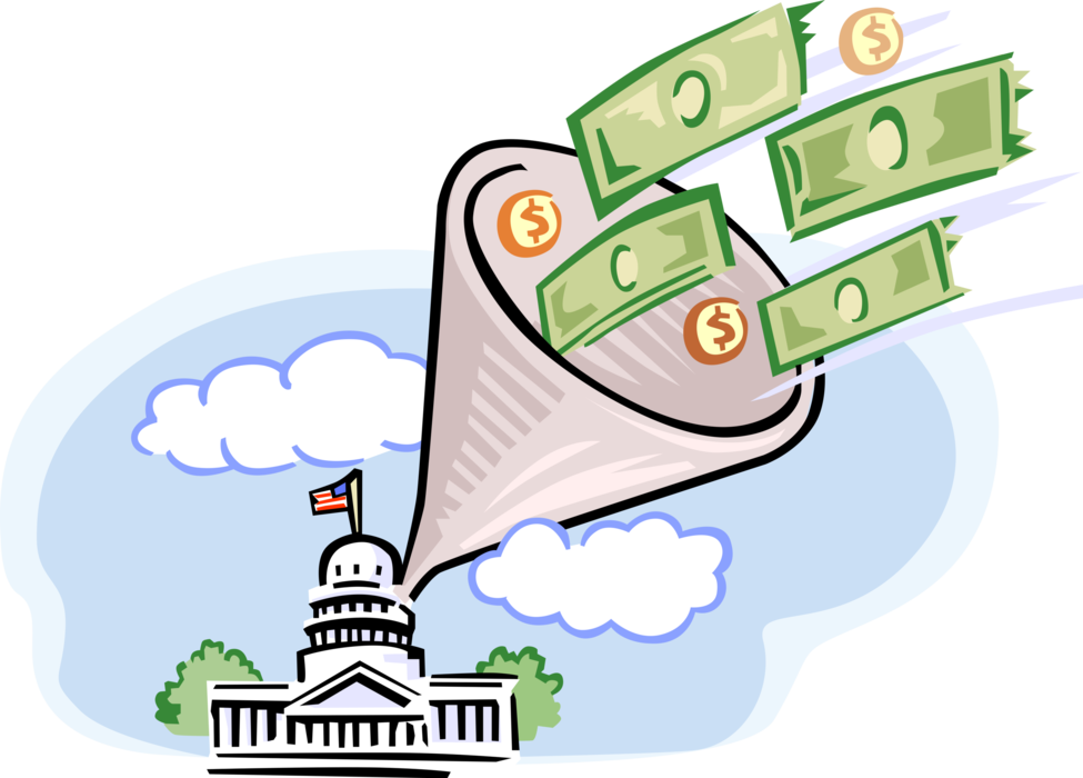 Vector Illustration of Government Budget Money Sucked into Washington Capitol Through Funnel