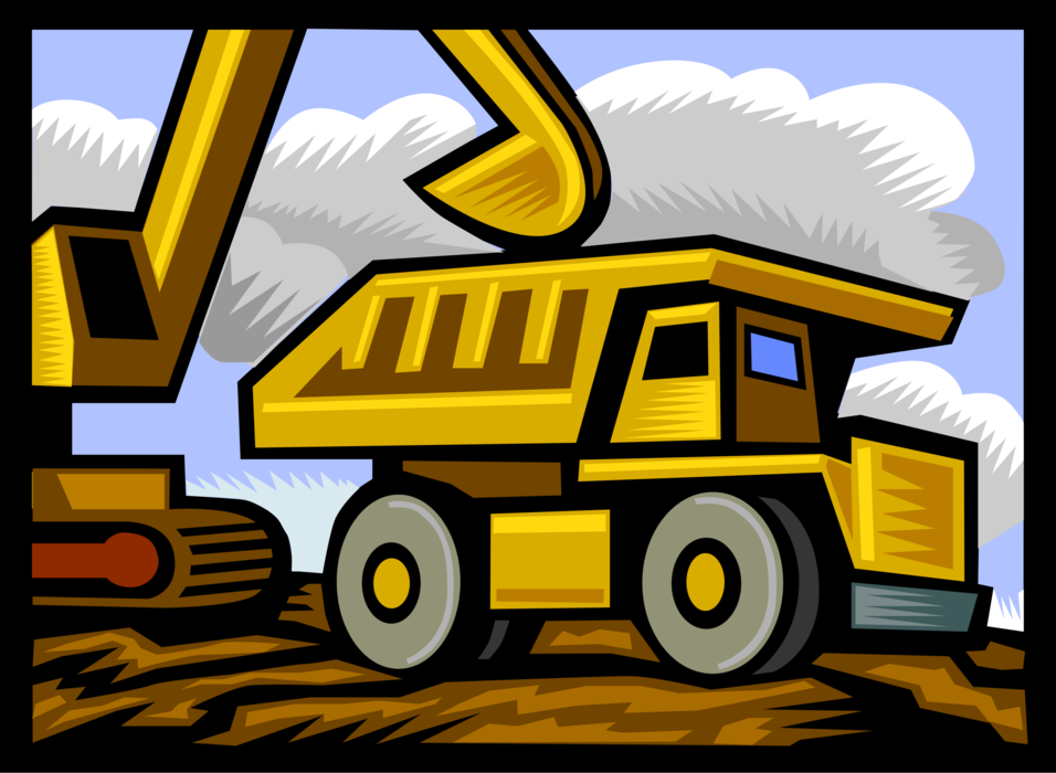 Vector Illustration of Construction Industry Heavy Equipment Hydraulic Excavator with Dump Truck