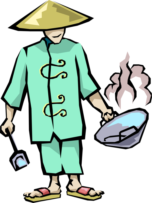 Vector Illustration of Chinese Cuisine Chef with Stir Fry Wok Cooking Food