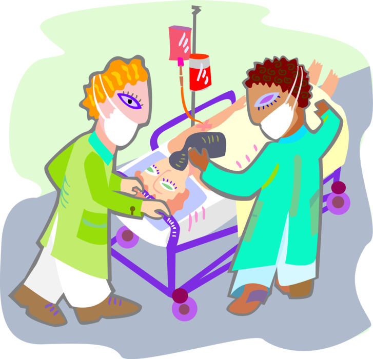 Vector Illustration of Physician Doctors with Patient Being Wheeled into Surgery on Gurney