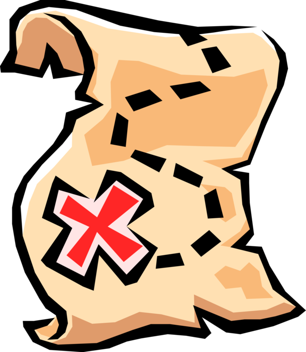 Vector Illustration of Treasure Map with X Marking the Spot to Buried Treasure Wealth and Riches