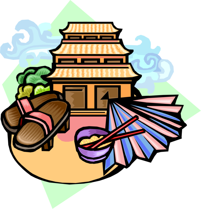Vector Illustration of Chinese Pagoda Temple or Sacred Structure Architecture with Sandals, Rice Bowl and Folding Hand Fan