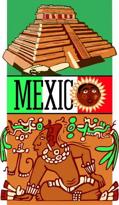 Vector Illustration of Mexico Postcard Design with Mayan Ruins Pyramid