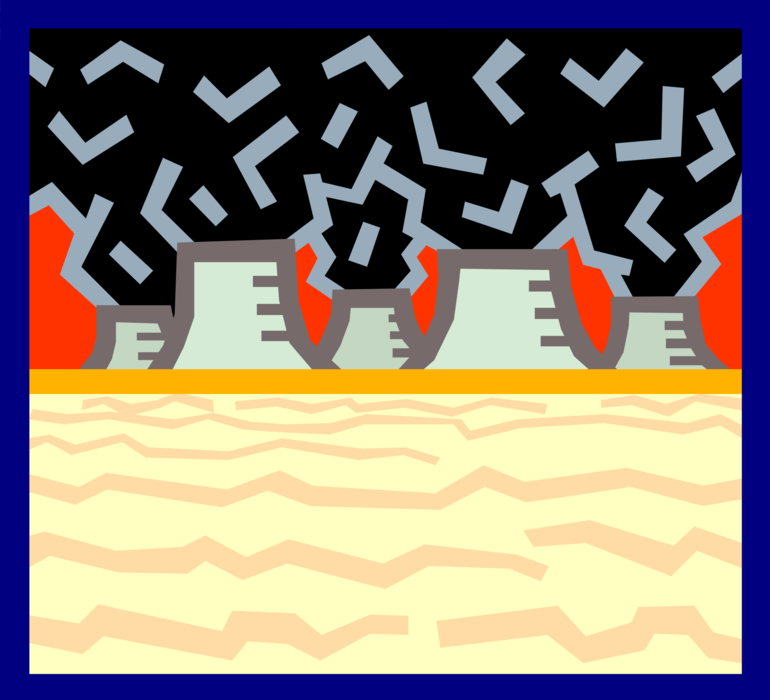 Vector Illustration of Nuclear Energy Cooling Towers with Radioactive Air Pollution