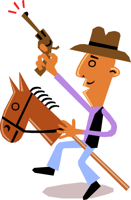 Vector Illustration of Western Cowboy on Horseback, Settles for Child's Toy Hobby Horse