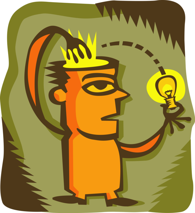 Vector Illustration of Man Pulling New Ideas Out of His Head - Font of Knowledge