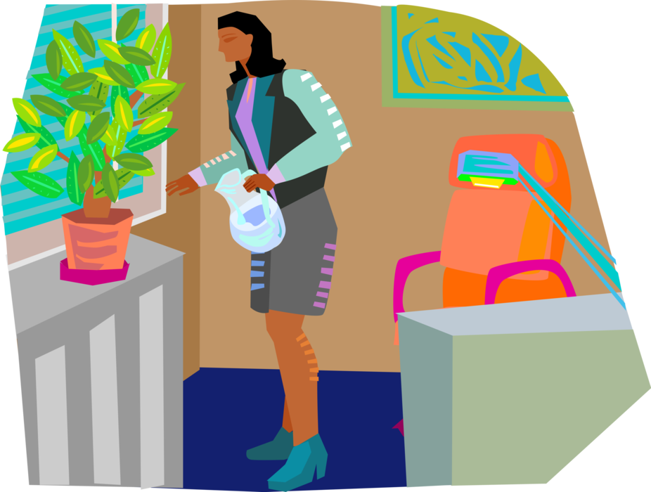 Vector Illustration of Office Support Cleaning Staff Watering Office Plants