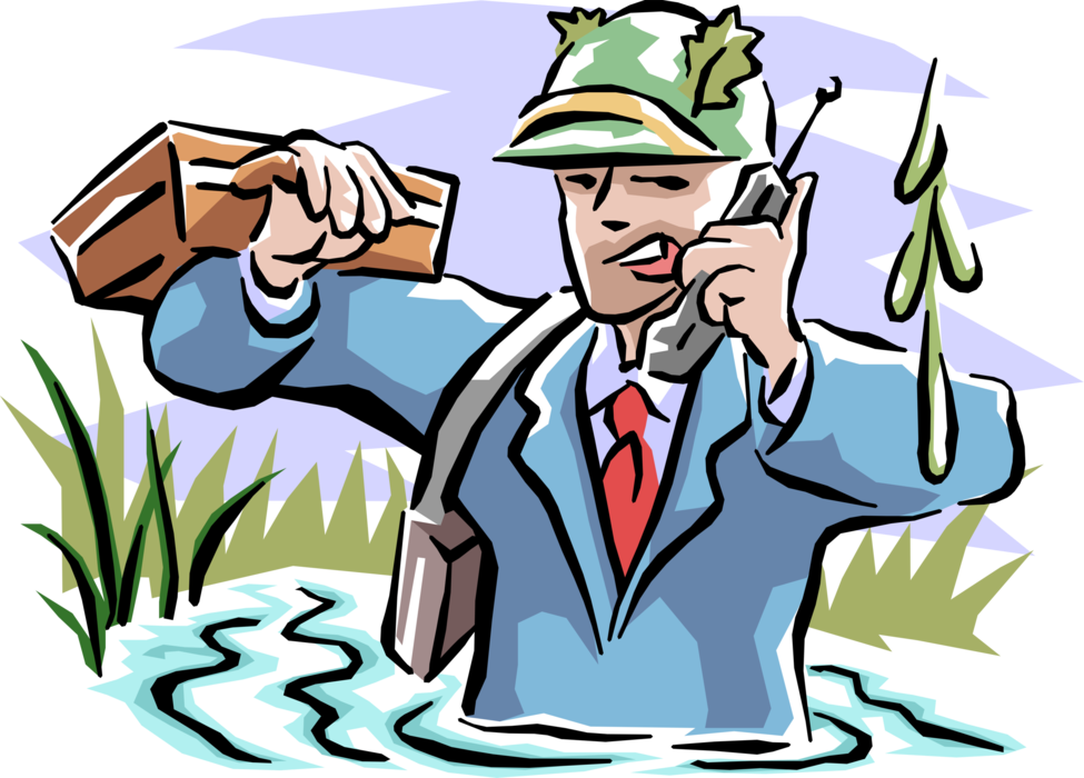 Vector Illustration of Businessman Solider Wades Through Swamp on Telephone with Briefcase