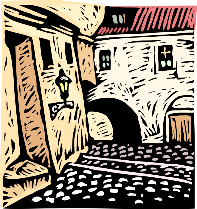 Vector Illustration of European Courtyard with Cobblestones