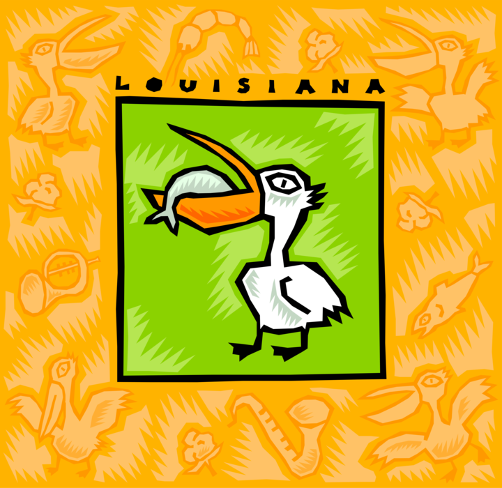Vector Illustration of Louisiana State Pelican Bird Eats Fish