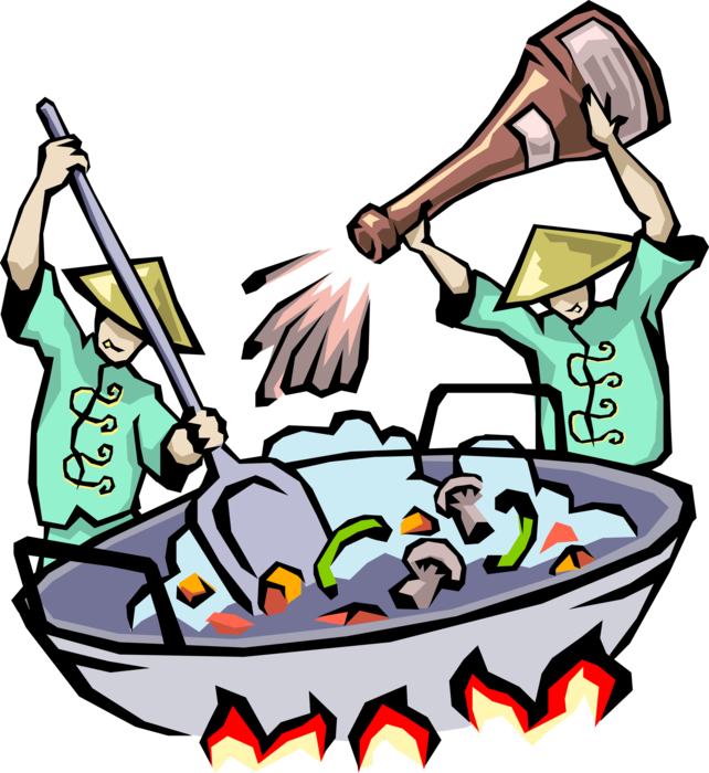 Vector Illustration of Chinese Cuisine Chefs with Stir Fry Wok Cook Food, Add More Soy Sauce