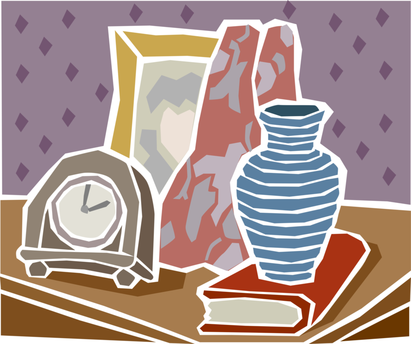 Vector Illustration of Clock, Vase, Book and Photograph