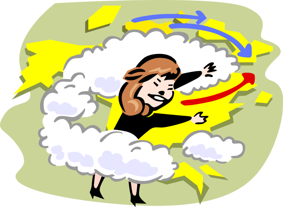 Vector Illustration of Weatherperson Predicts Clouds in Weather Forecast