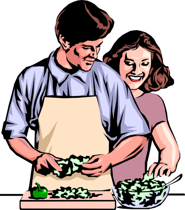 Vector Illustration of Husband and Wife Preparing Salad for Dinner