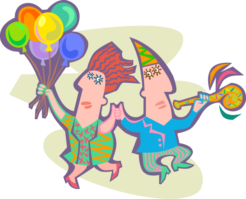 Vector Illustration of People Partying and Celebrating with Balloons
