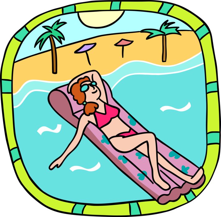 Vector Illustration of Woman Relaxing on Inflatable Raft in Ocean