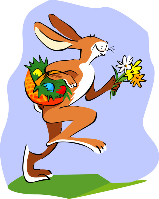 Vector Illustration of Small Mammal Easter Rabbit with Basket of Eggs and Flowers