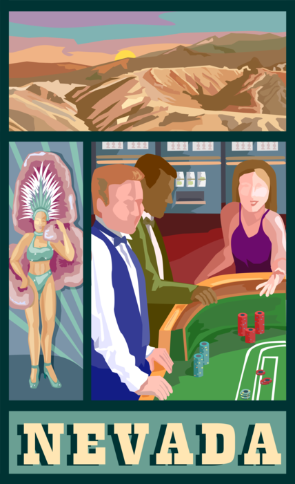 Vector Illustration of Nevada Postcard Design with Las Vegas Gambling