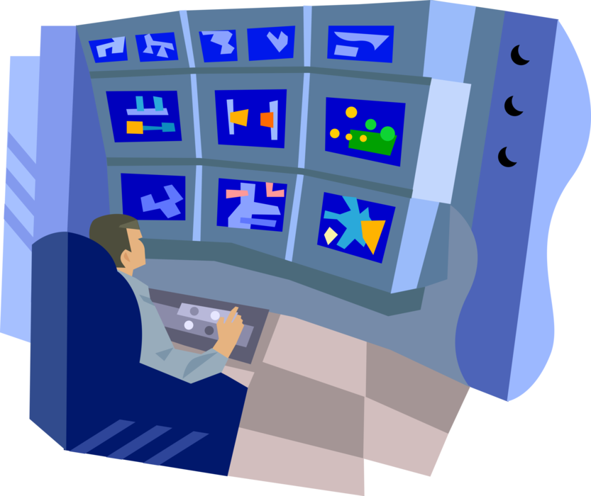 Vector Illustration of Security Camera Surveillance Control Room with Television Monitors