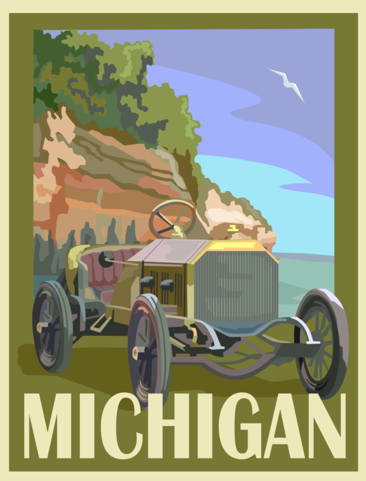 Vector Illustration of State of Michigan Postcard Design with Vintage Motor Vehicle Automobile