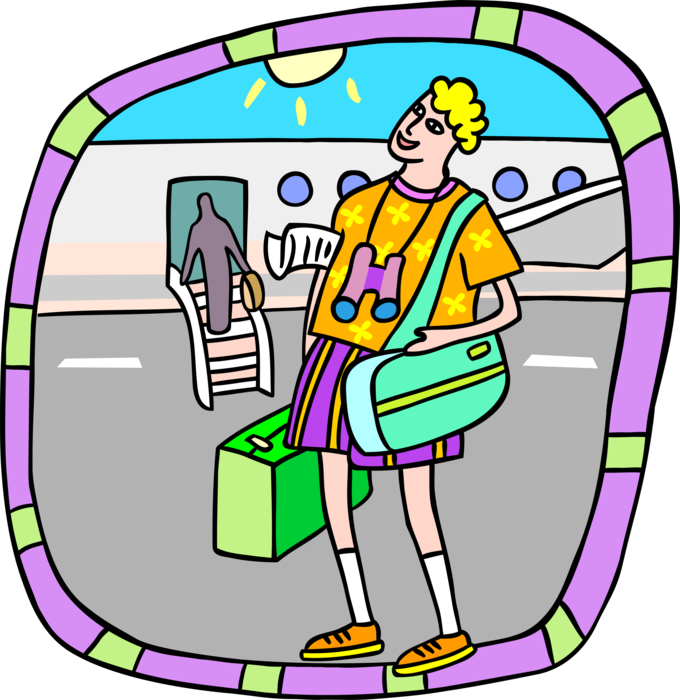 Vector Illustration of Vacation Tourist at Airport Prepares to Board Airplane Flight