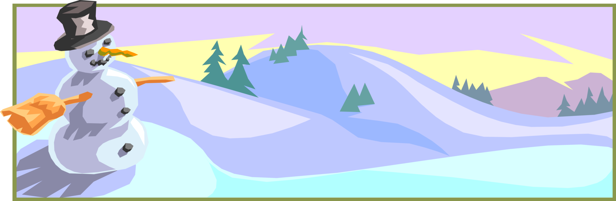 Vector Illustration of Winter Landscape Banner with Snowman Anthropomorphic Snow Sculpture