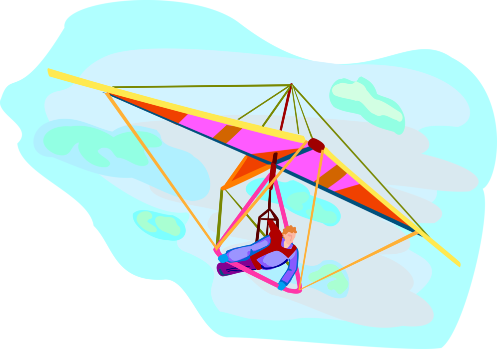 Vector Illustration of Hang Gliding Pilot Flies Hang Glider High in the Sky