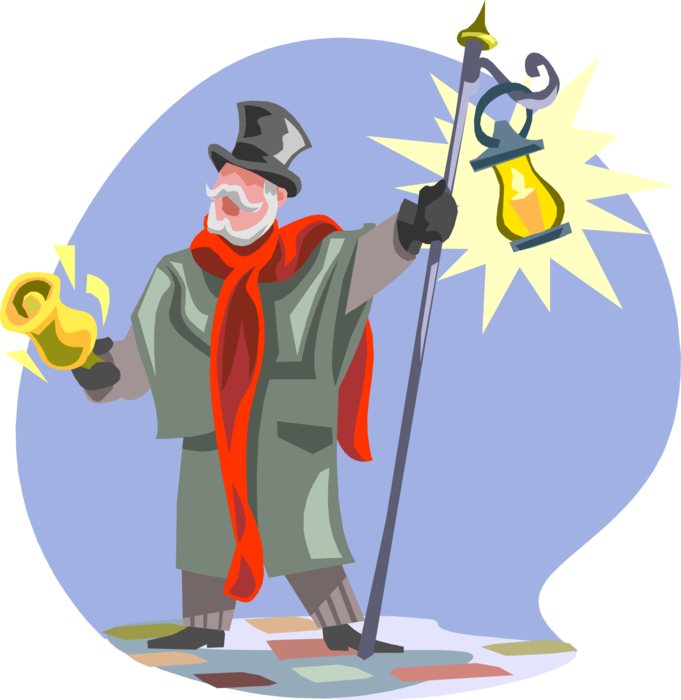 Vector Illustration of Town Crier or Bellman Makes Public Pronouncement with Bell and Light