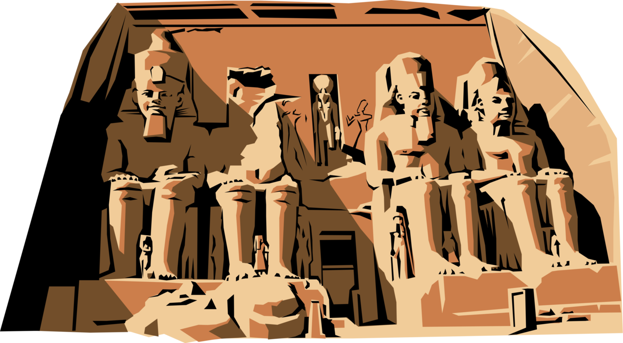 Vector Illustration of Temple of Abu Simbel Dedicated to Ggods Amun, Ra-Horakhty, and Ptah, Nubia, Egypt