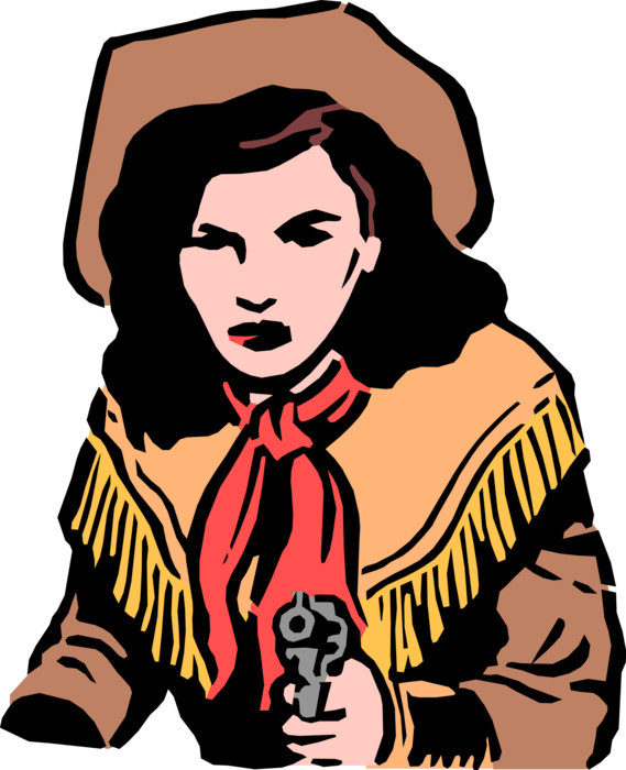 Vector Illustration of Cowgirl with Firearm Gun Robs with "This is Stick-Up"