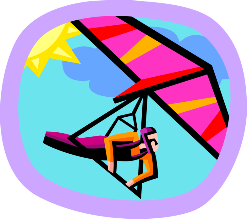 Vector Illustration of Hang Gliding Pilot Flies Hang Glider High in the Sky