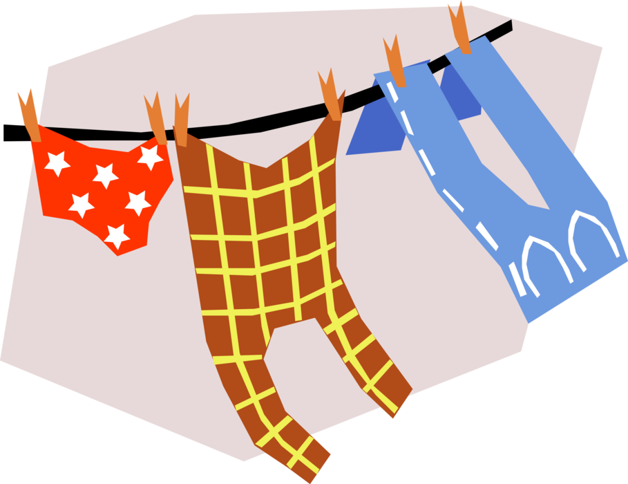 Vector Illustration of Washing Laundry Hangs on Clothes Line to Dry