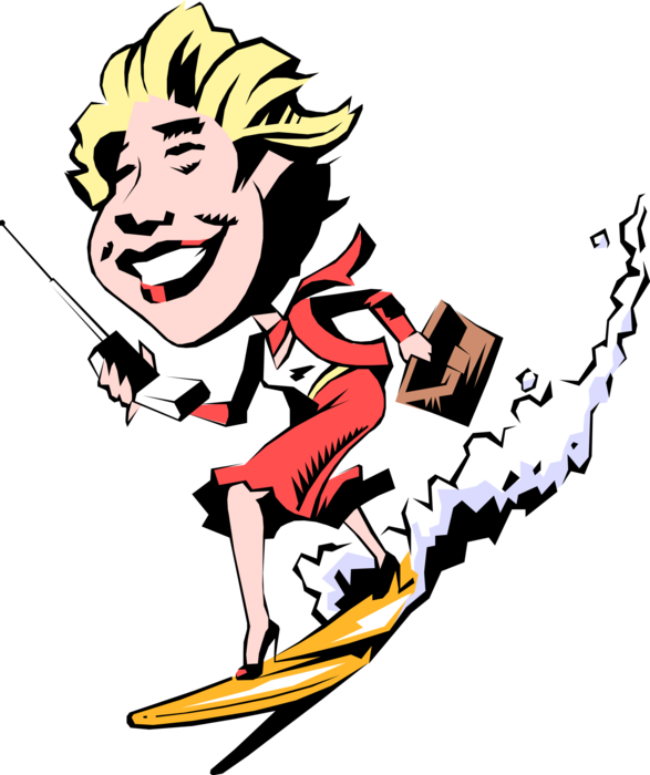 Vector Illustration of Businesswoman Surfer Surfs and Takes Calls