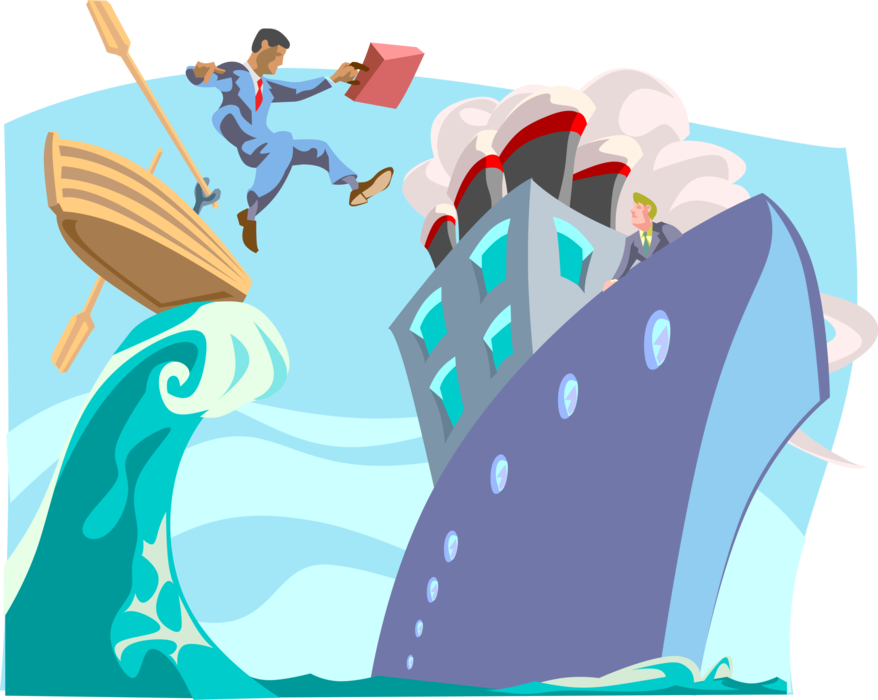 Vector Illustration of Businessman Jumping Ship Faces Impending Disaster in Lifeboat