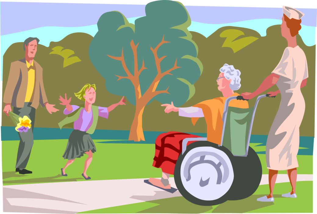 Vector Illustration of Retired Elderly Patient at Nursing Home Receives Convalescent Care and Welcomes Visitors