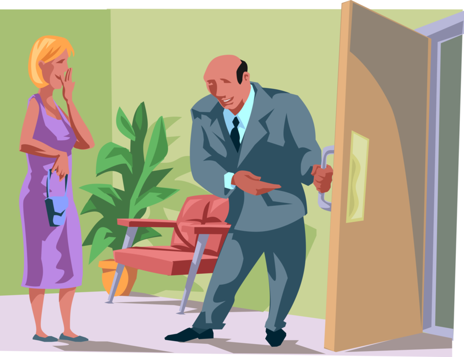 Vector Illustration of Welcoming Man Opens Door for Lady