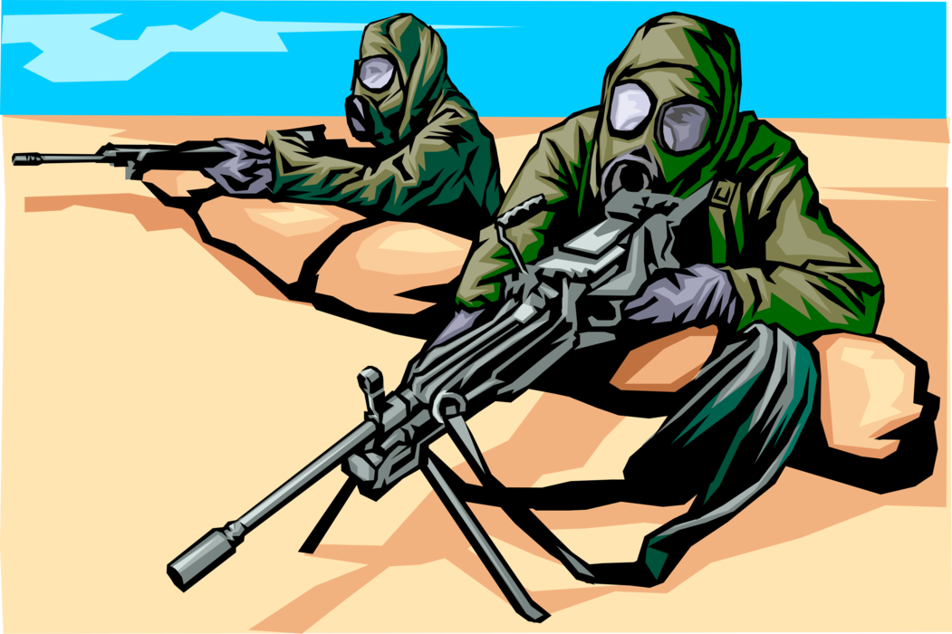 Vector Illustration of Military Soldiers in Full Chemical Weapons Protective Suit
