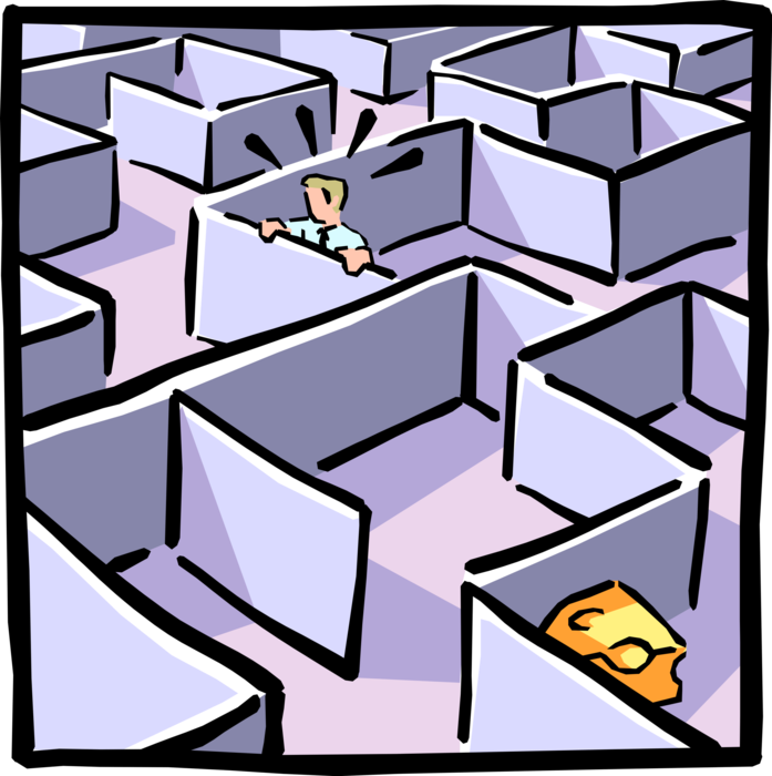 Vector Illustration of Businessman Trapped in Maze Labyrinth with Walls and Passageways and Hidden Cheese