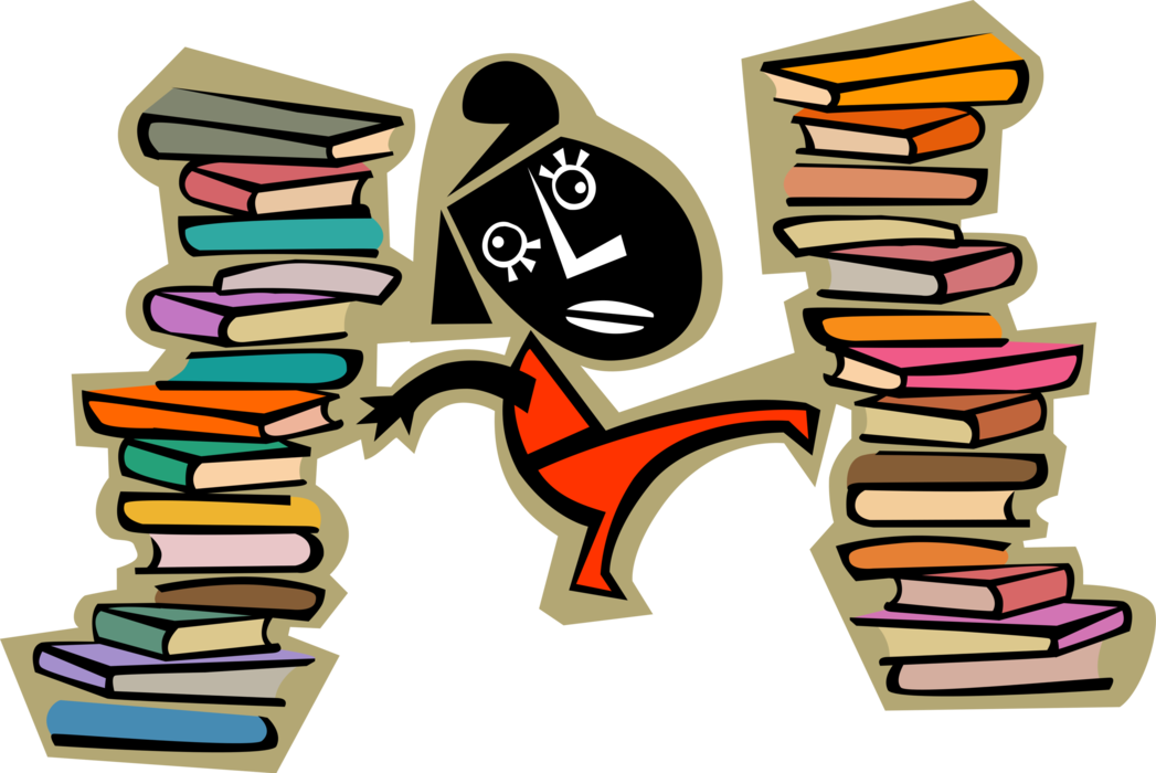 Vector Illustration of Student Surrounded bySchoolbooks and Textbooks