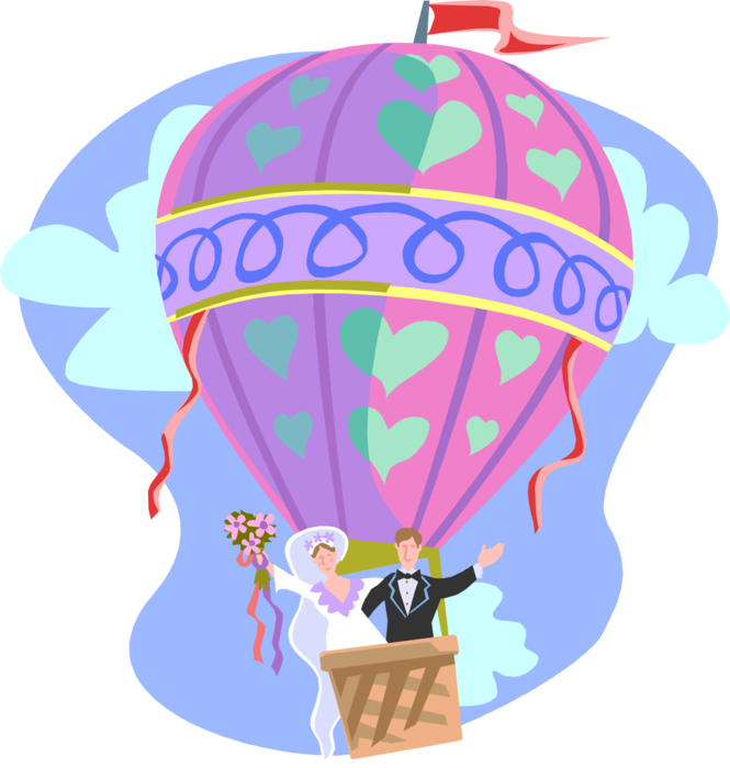 Vector Illustration of Wedding Day Newlywed Bride and Groom Couple in Hot Air Balloon